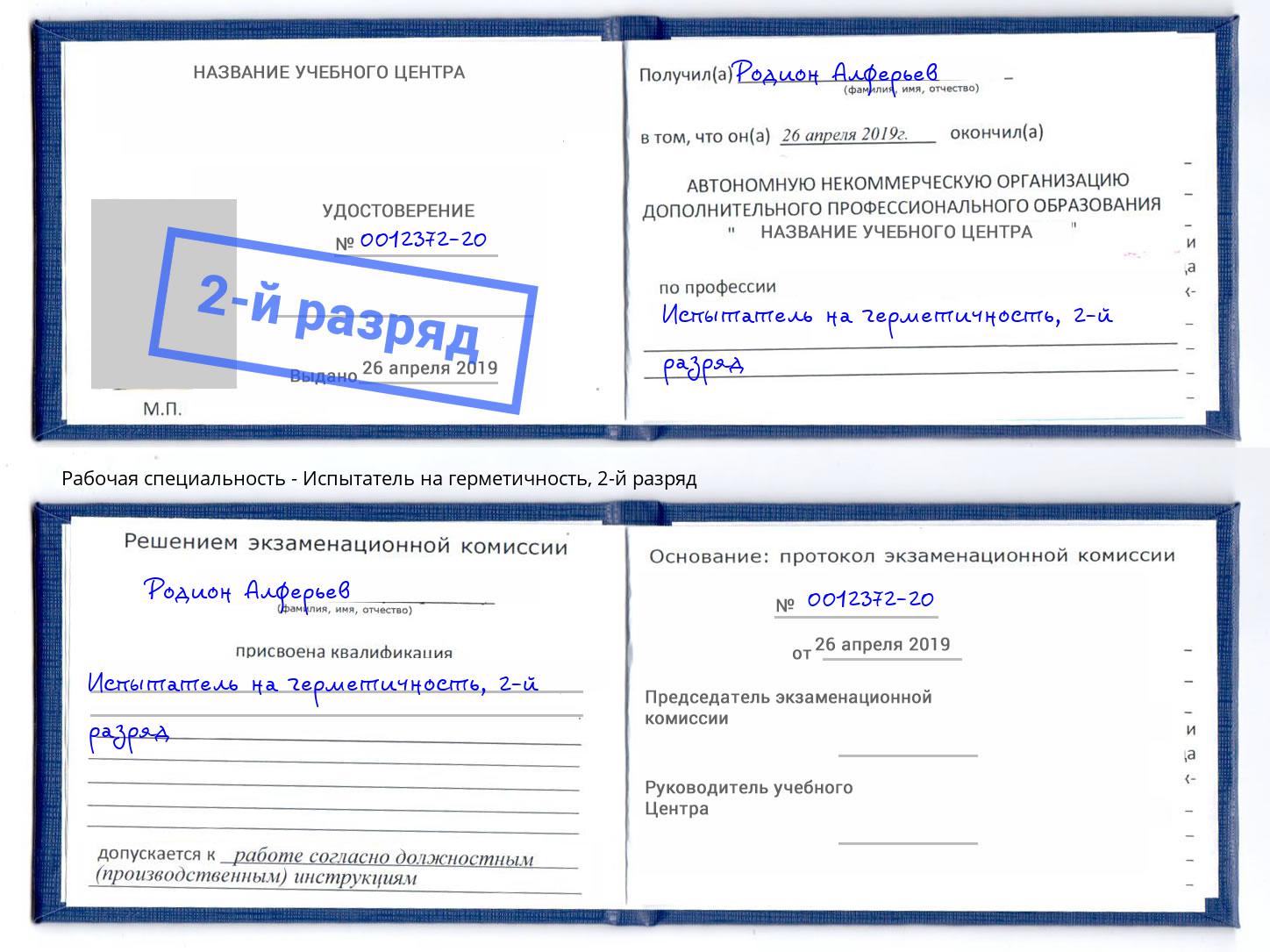 корочка 2-й разряд Испытатель на герметичность Борзя