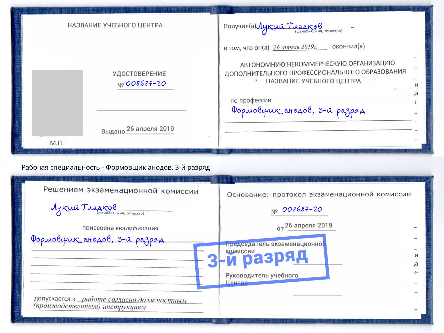 корочка 3-й разряд Формовщик анодов Борзя