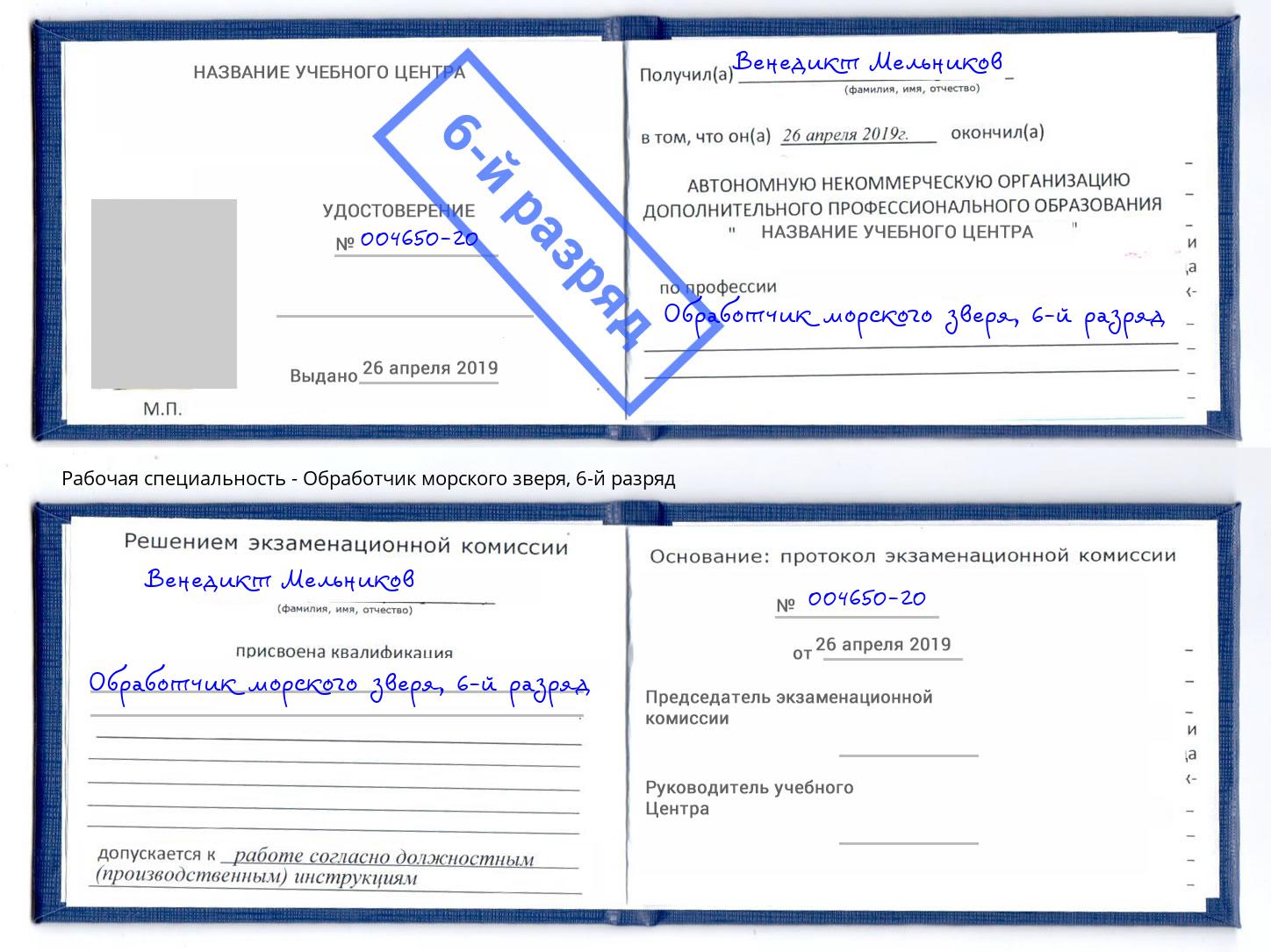 корочка 6-й разряд Обработчик морского зверя Борзя