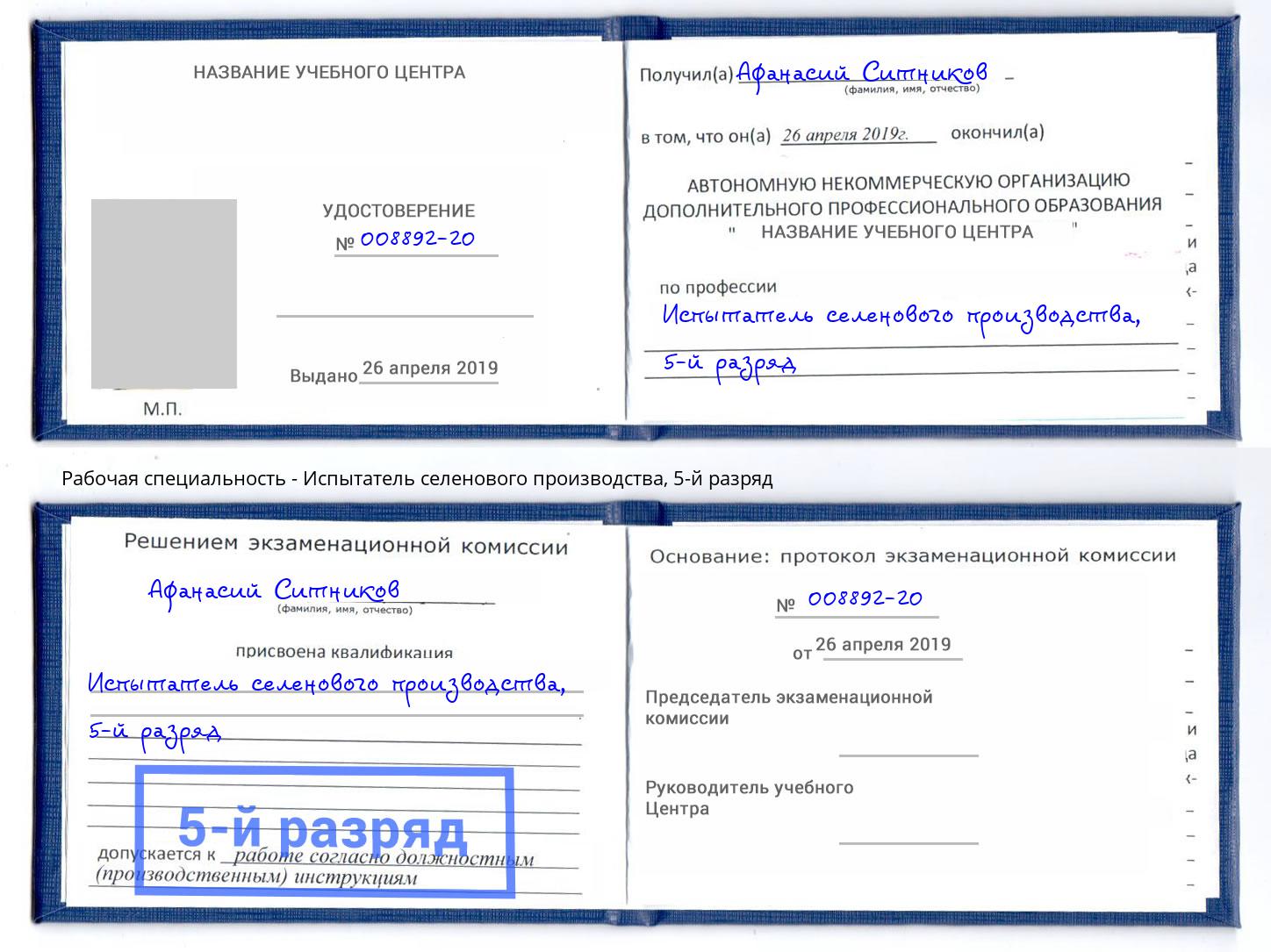 корочка 5-й разряд Испытатель селенового производства Борзя