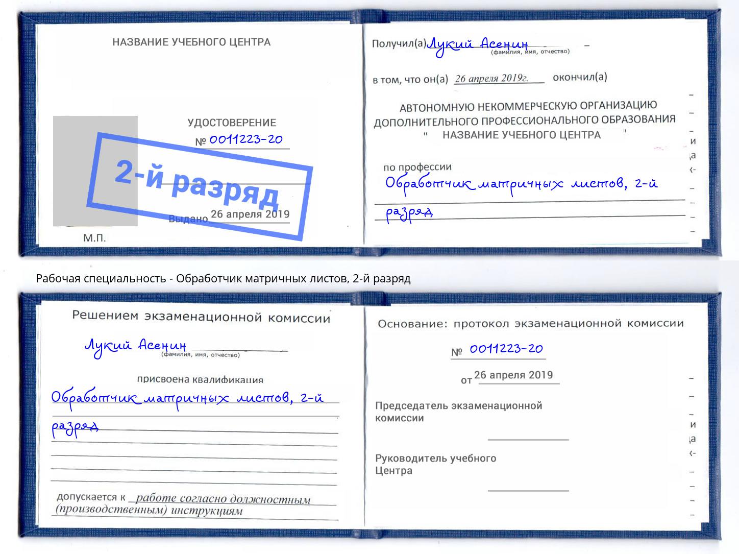 корочка 2-й разряд Обработчик матричных листов Борзя