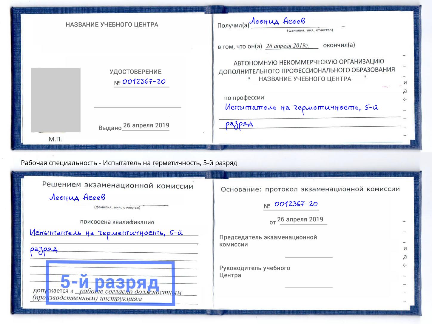 корочка 5-й разряд Испытатель на герметичность Борзя