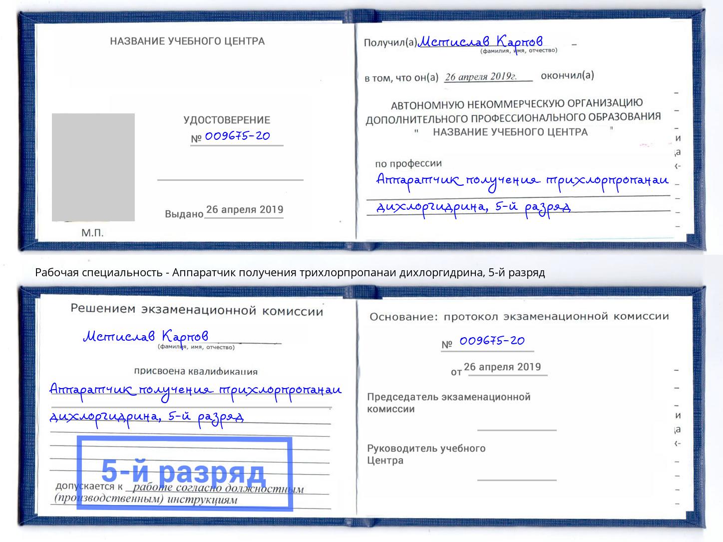 корочка 5-й разряд Аппаратчик получения трихлорпропанаи дихлоргидрина Борзя